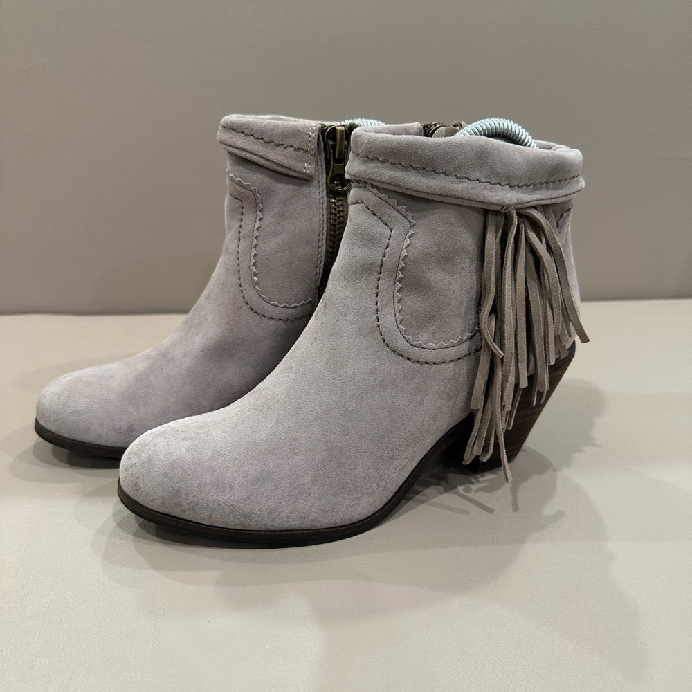 Sam Edelman Light Gray Suede Fringe Ankle Booties - Picture 2 of 10